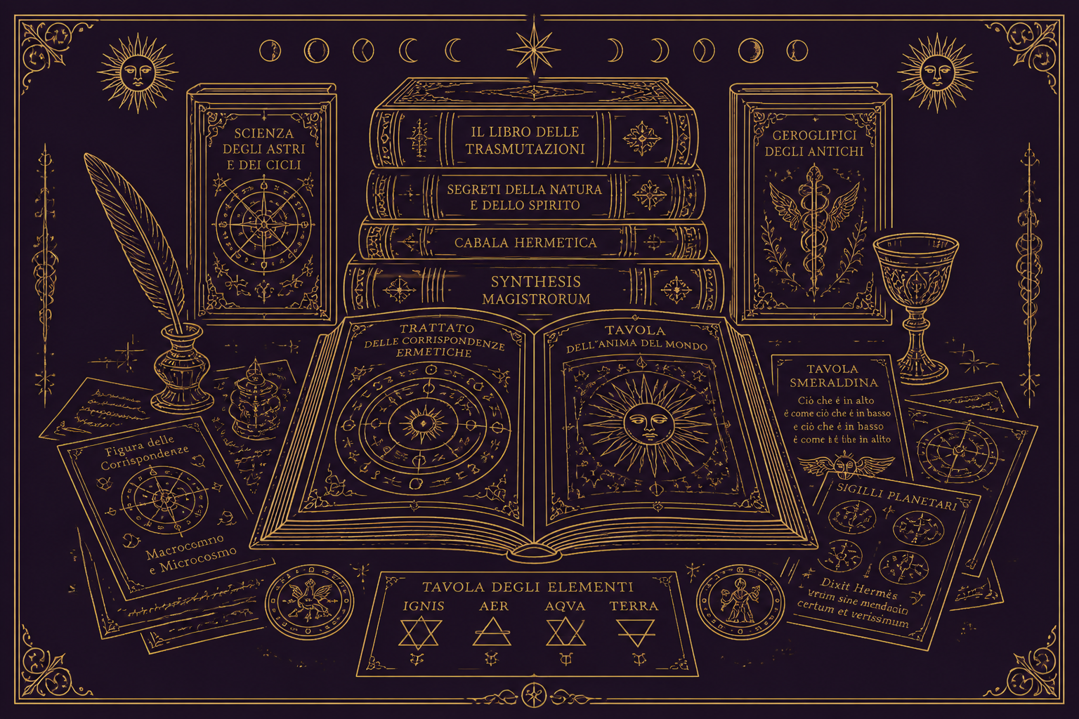 Illustrazione in oro su ametista: libri esoterici, grimorio aperto, calamaio e simboli celesti